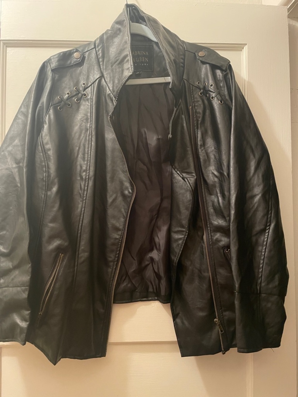 Sabrina Lauren Women's Black Lace-Up Shoulder Leather Jacket